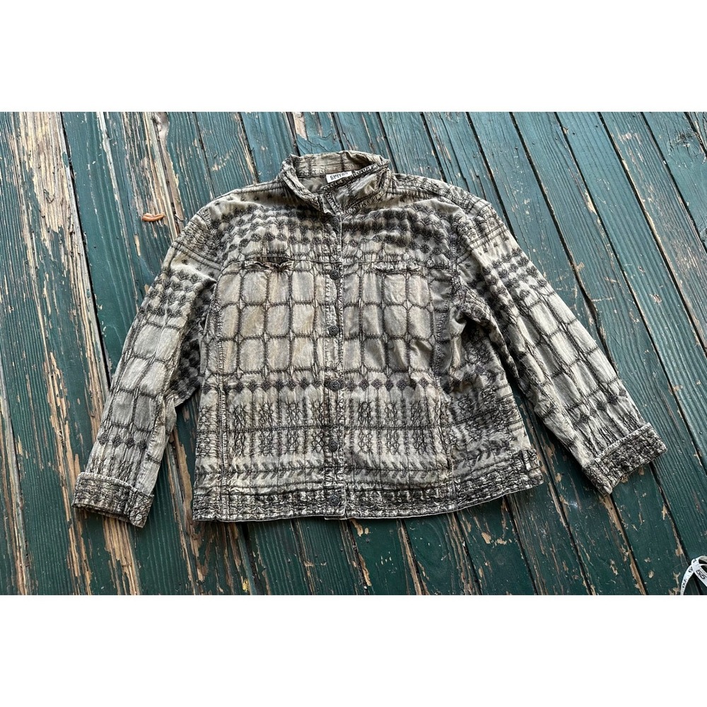 Chicos Design Embroidered Cotton Button Front Jacket Olive Grey Womens Size 3